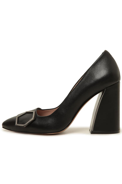 Geometric Buckle Block Heel Pumps