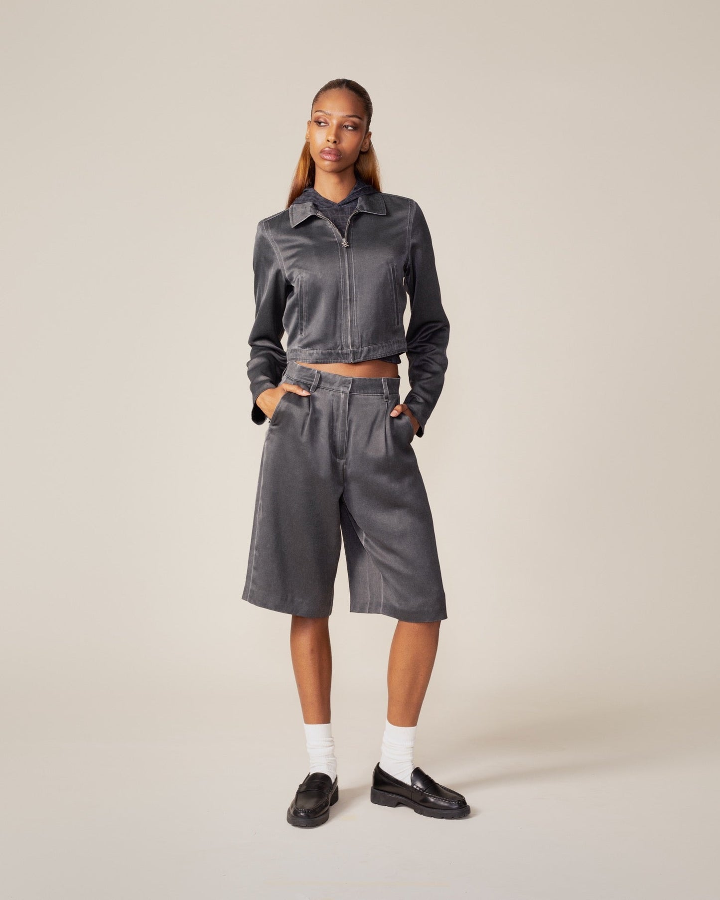 Black Oyster Satin Washed Short