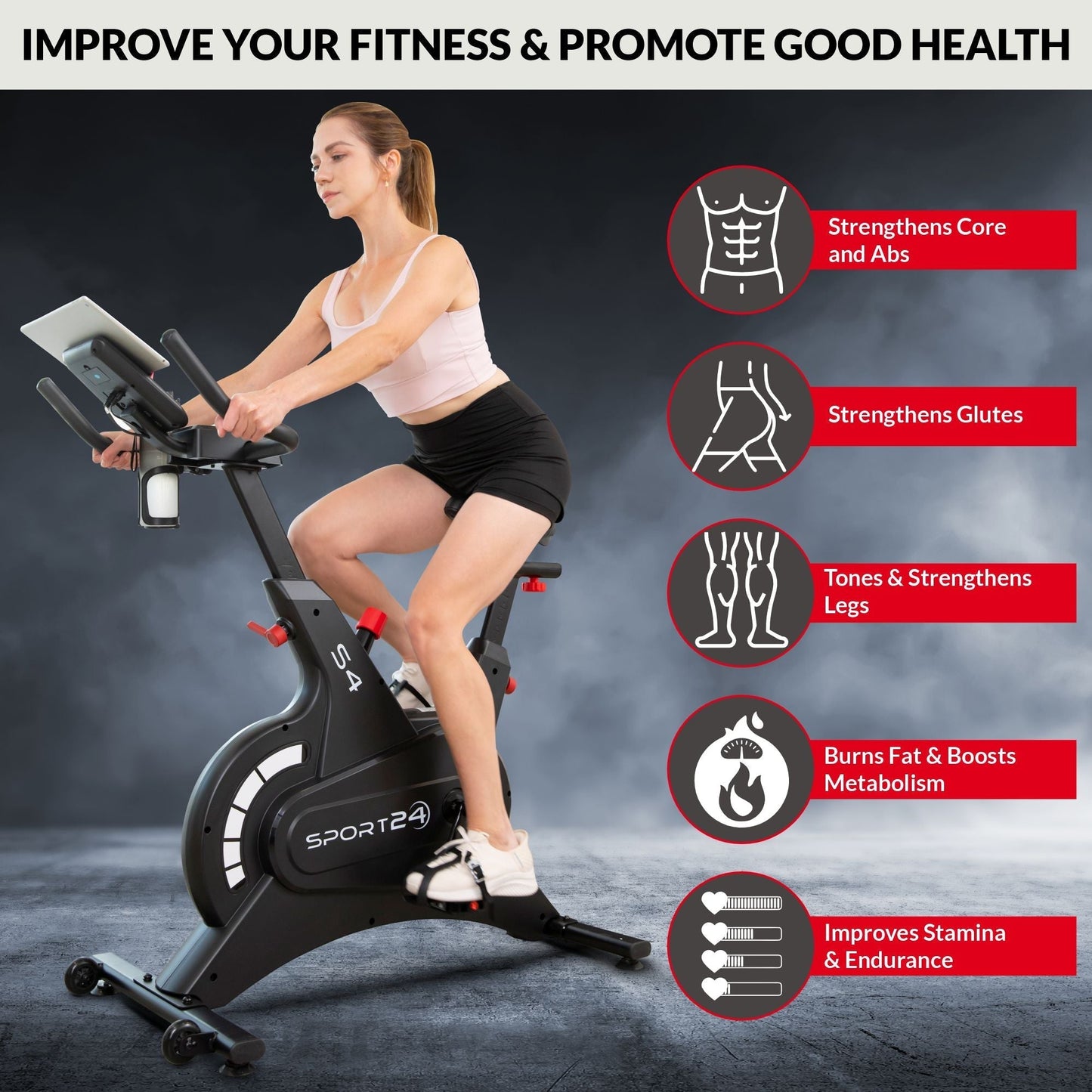 Sport24 Exercise Bike | Upright Spin, LCD, App, 8kg Flywheel