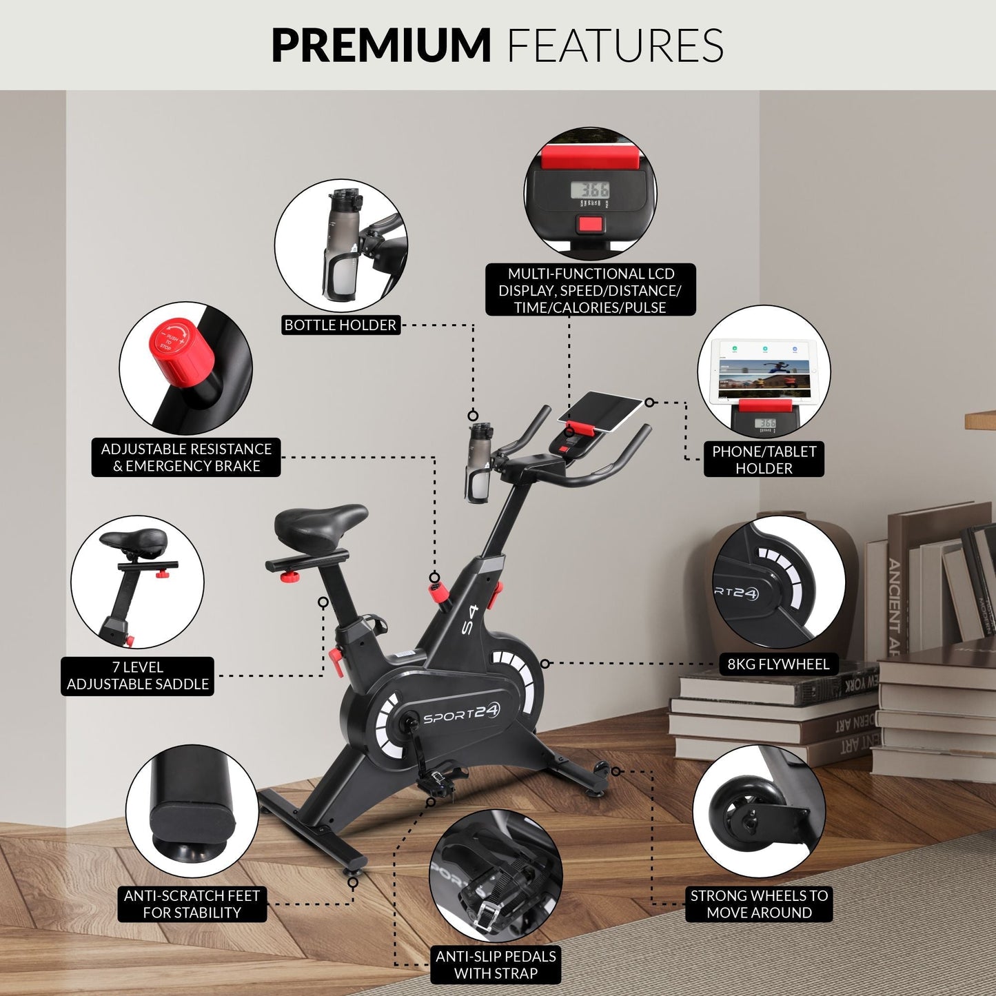 Sport24 Exercise Bike | Upright Spin, LCD, App, 8kg Flywheel